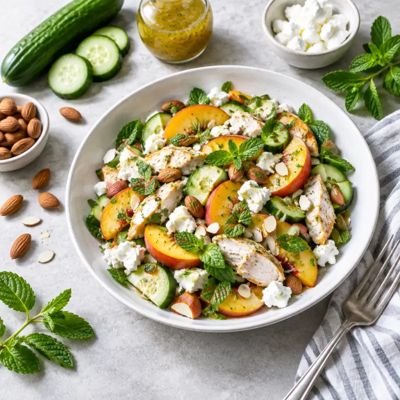 Chicken Salad with Cucumbers, Peaches, Mint, Goat Cheese & Almonds, plated