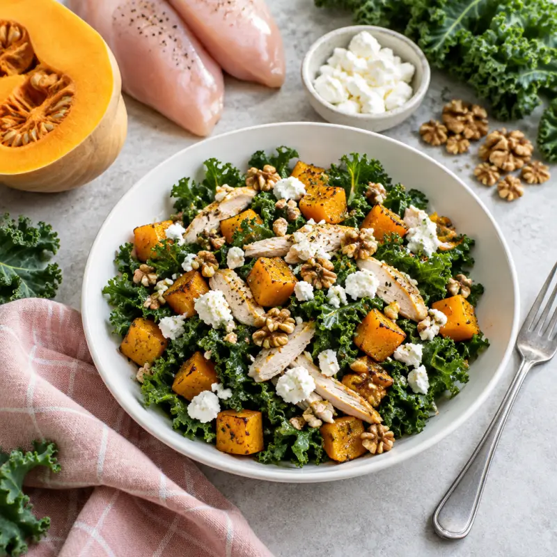 Chicken Salad with Kale, Roasted Squash, Goat Cheese & Walnuts, plated