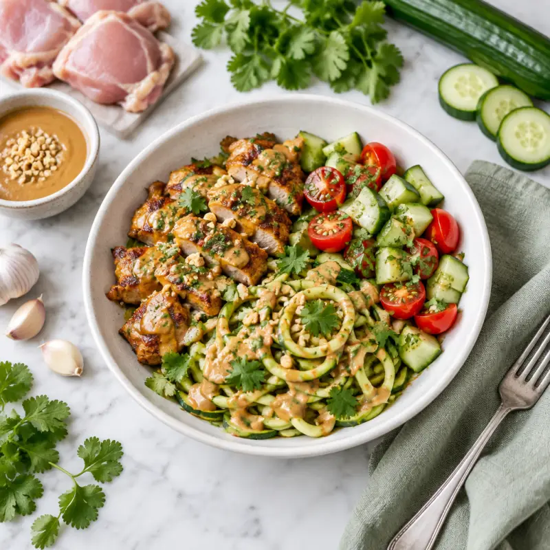 Chicken Satay Bowl with Peanut-Zucchini Noodles, Cucumber & Tomato, plated