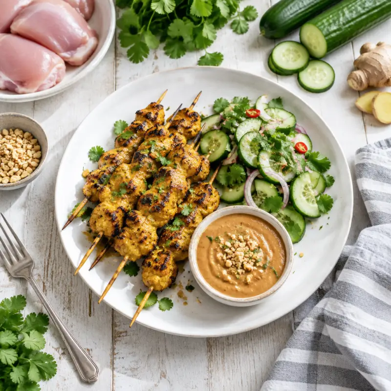 Chicken Satay with Creamy Peanut Sauce & Thai Cucumber Salad, plated