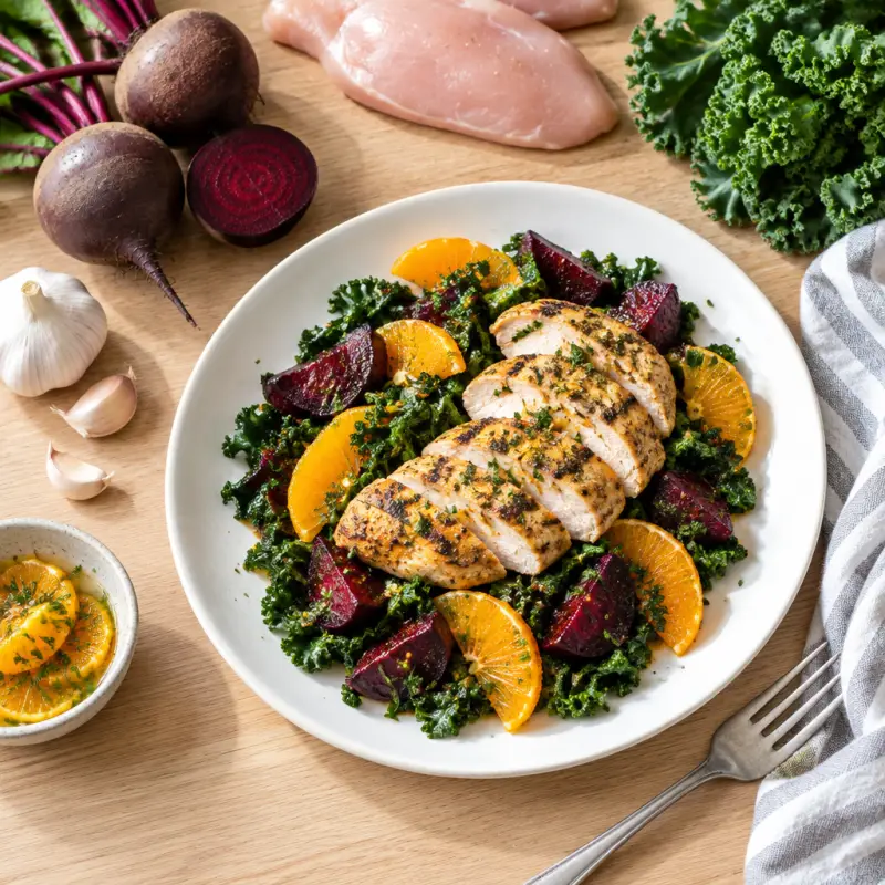 Chicken & Sautéed Kale with Roasted Beet & Orange Slices, plated