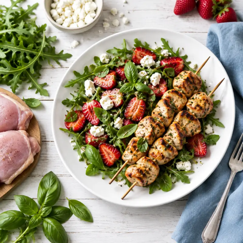 Chicken Skewers with Roasted Strawberry, Arugula, Basil & Feta Salad, plated