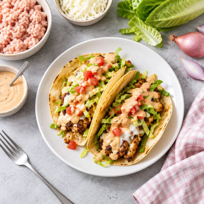 Chicken "Smash Burger" Tacos with Cheese, Tomato & Special Sauce, plated