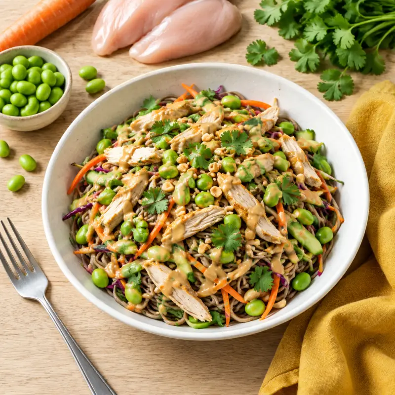 Chicken Soba Noodle Salad with Edamame, Cilantro & Peanut Dressing, plated