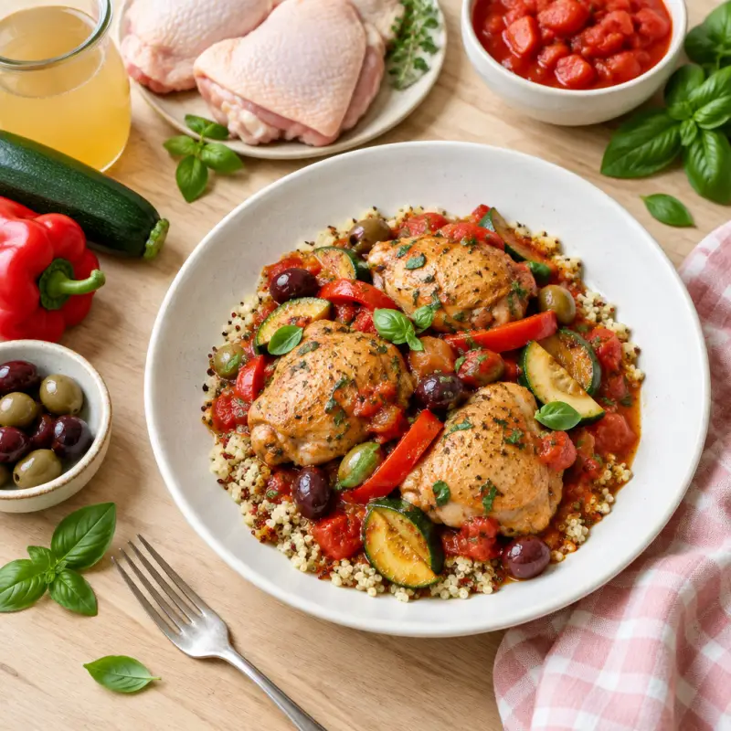 Chicken Stew (Cacciatore) with Bell Pepper, Zucchini, Olives & Quinoa, plated