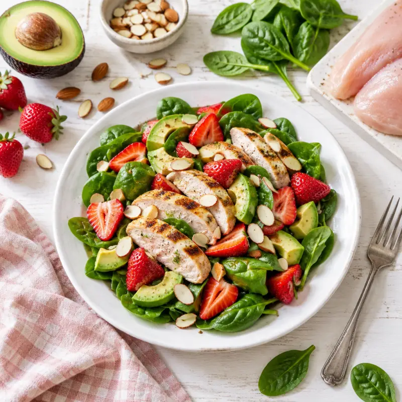 Chicken, Strawberry & Avocado Salad with Spinach & Almonds, plated