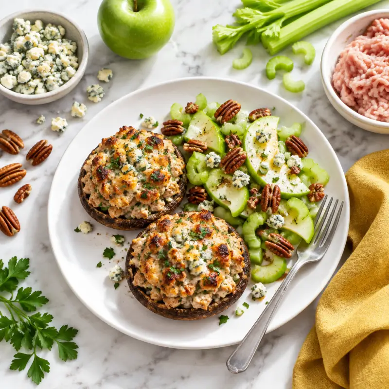 Chicken Stuffed Portobellos with Blue Cheese & Apple-Pecan Salad, plated