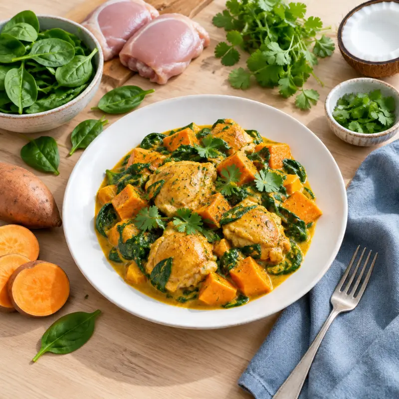 Chicken & Sweet Potato Curry with Coconut Milk & Spinach, plated