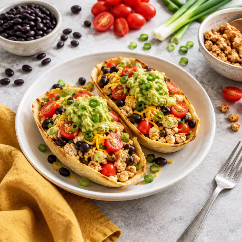 Chicken Taco Salad Boats with Black Beans, Tomato, Cheese & Guacamole, plated