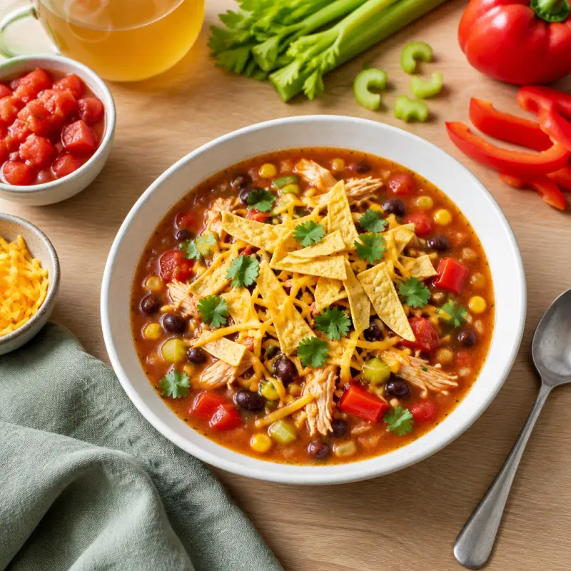 Chicken Taco Soup with Bell Pepper, Cheese & Tortilla Chips, plated