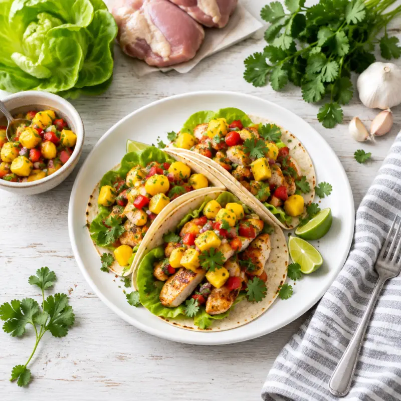 Chicken Tacos with Spicy Mango, Bell Pepper & Cilantro Salsa, plated