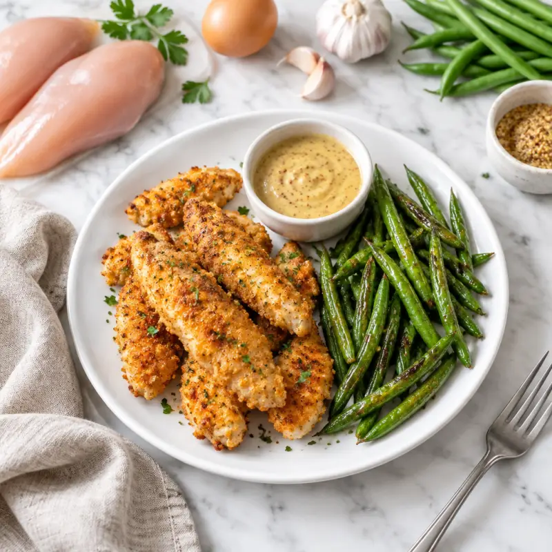 Chicken Tenders with Honey Mustard Dip & Roasted Green Beans, plated