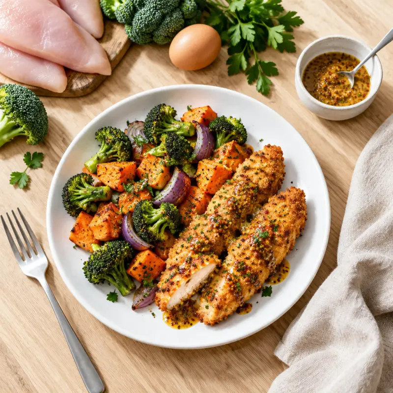 Chicken Tenders with Roasted Vegetables & Spicy Maple Mustard, plated