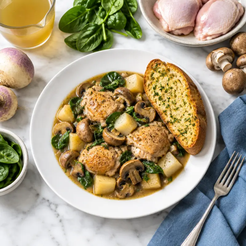 Chicken, Turnip & Mushroom Stew with Garlic Bread, plated