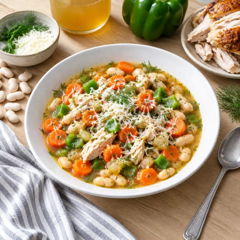 Chicken-White Bean Stew with Carrot, Bell Pepper, Dill & Cheese, plated