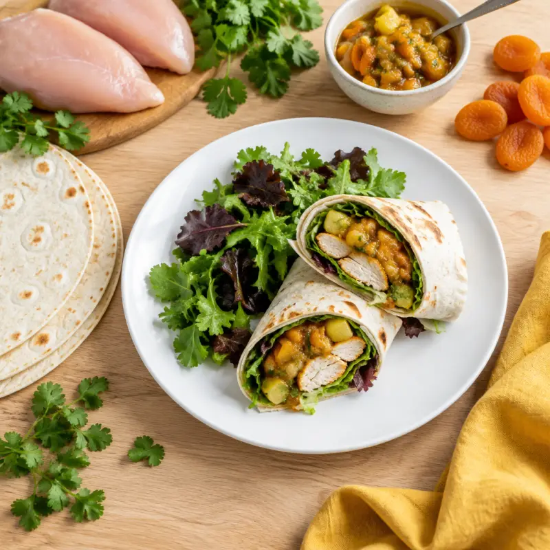 Chicken Wrap with Curried Pineapple-Apricot Chutney & Mixed Greens, plated