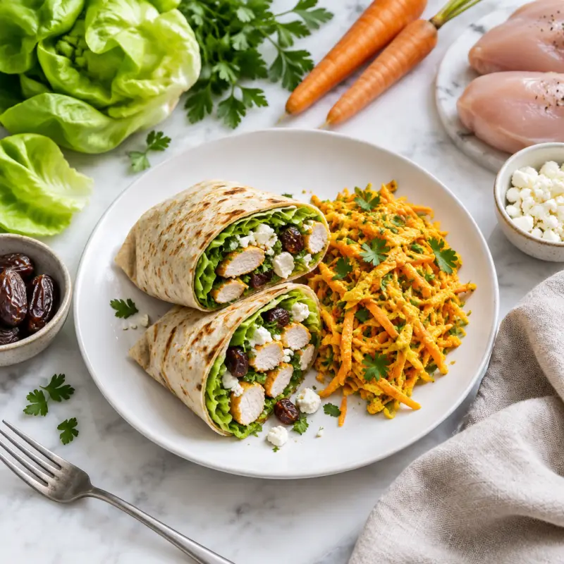 Chicken Wrap with Feta, Dates, Lettuce, Parsley & Curried Carrot Salad, plated
