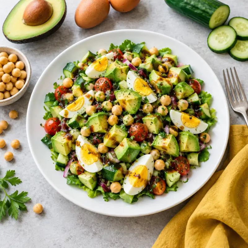 Chickpea, Egg & Avocado Chopped Salad with Balsamic Vinaigrette, plated