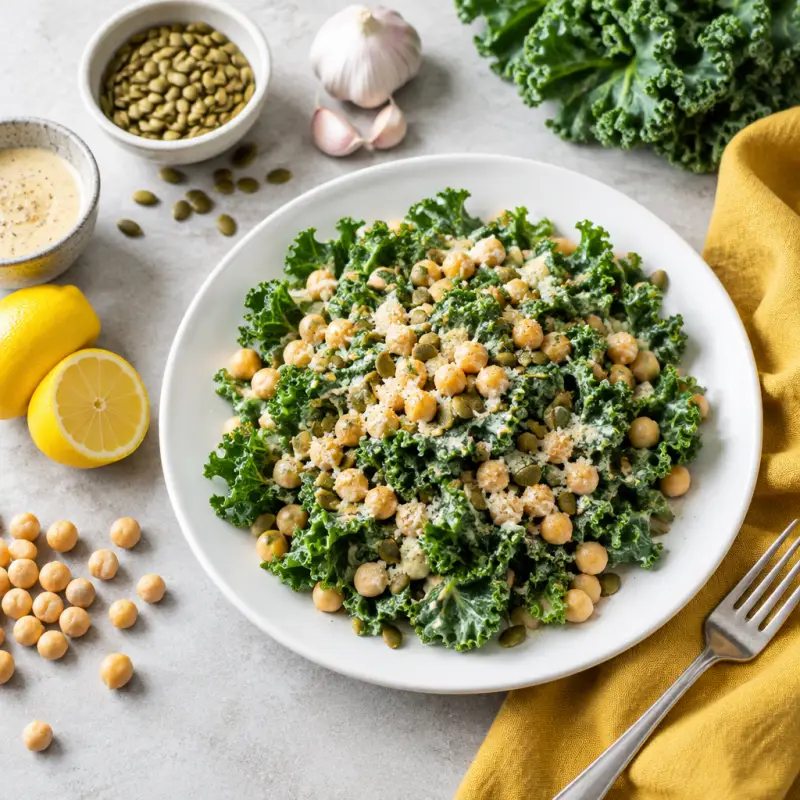 Chickpea & Kale Caesar Salad with Pumpkin Seeds, plated