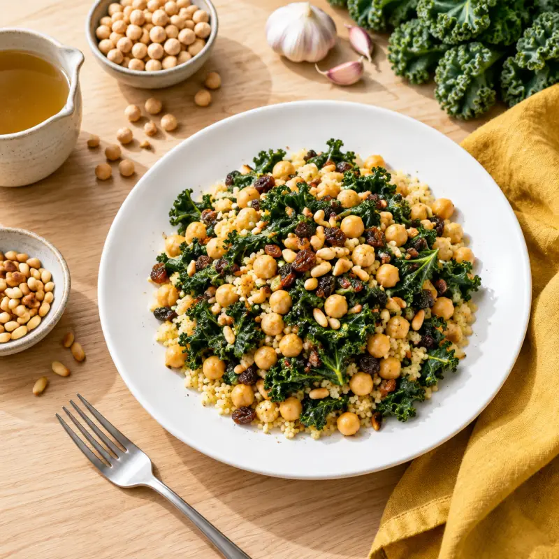 Chickpea-Kale Sauté with Raisins, Couscous & Toasted Pine Nuts, plated