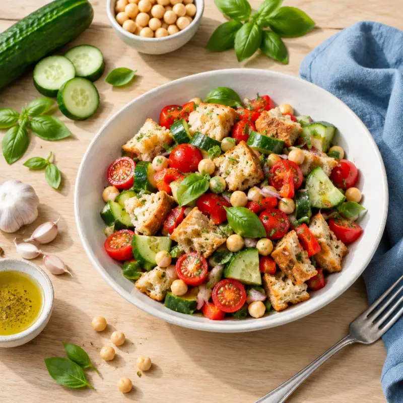 Chickpea Panzanella Salad with Cucumber, Bell Pepper & Tomatoes, plated