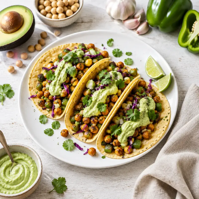 Chickpea Tacos with Avocado Cream, plated