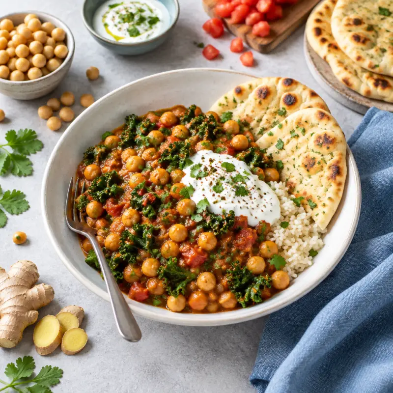 Chickpea-Tomato Curry (Chana Masala) with Kale, Yogurt & Naan, plated