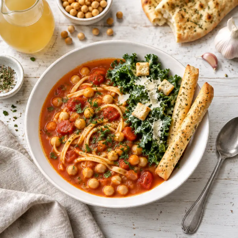 Chickpea-Tomato Noodle Soup with Kale Caesar & Breadsticks, plated
