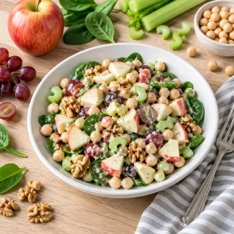 Chickpea Waldorf Salad with Apples, Celery, Grapes & Walnuts, plated