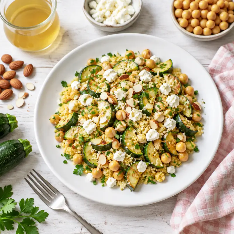 Chickpea & Zucchini Sauté with Couscous, Feta & Almonds, plated