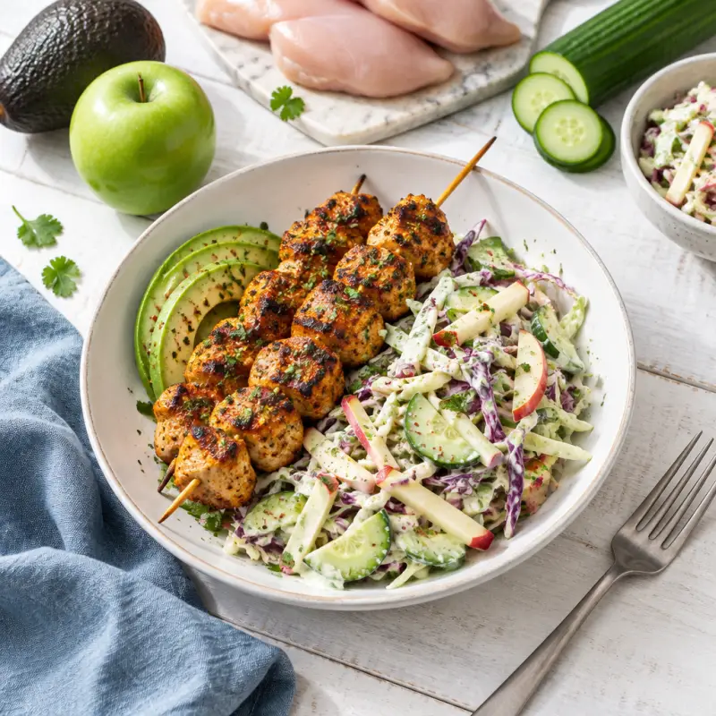 Chili Chicken Skewers with Ranch Cabbage, Apple & Cucumber Slaw, plated