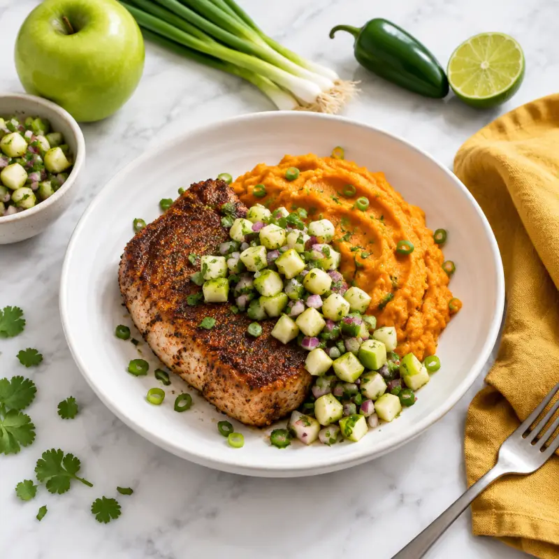 Chili-Rubbed Pork Chops with Apple Salsa & Sweet Potato Mash, plated