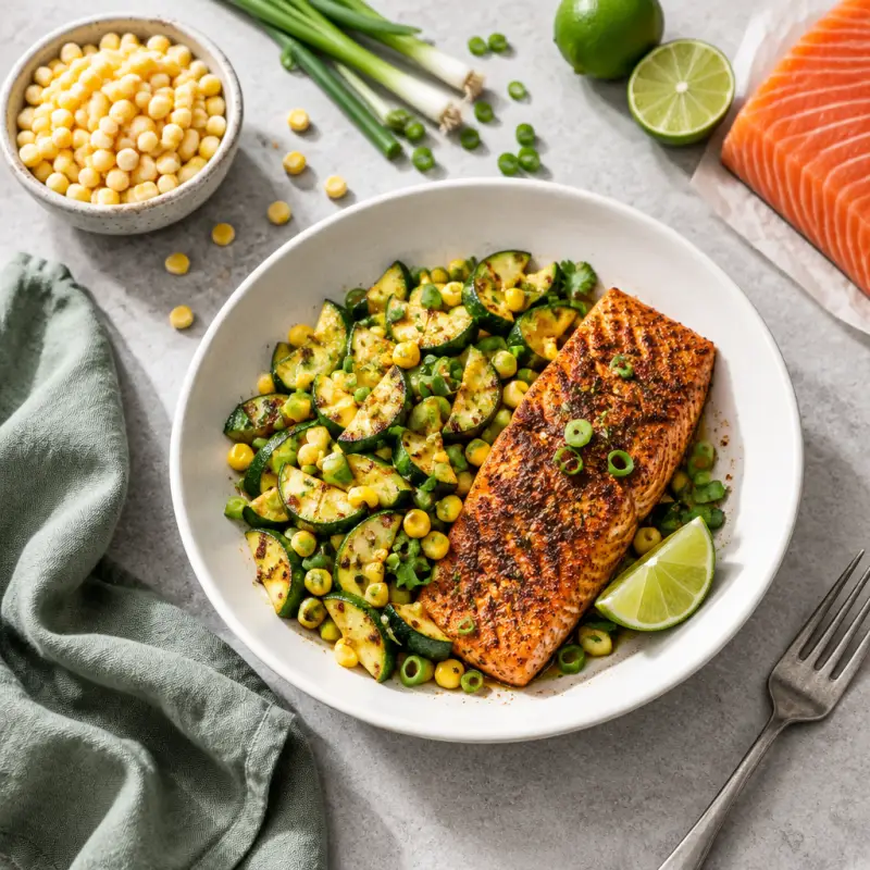Chili-Rubbed Salmon with Warm Zucchini & Corn Salad, plated