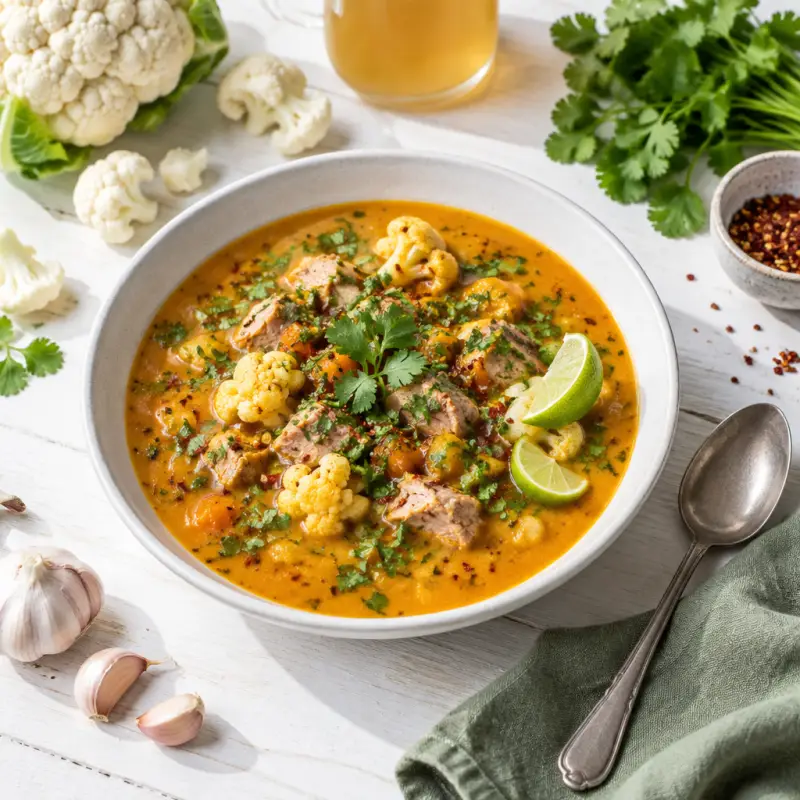 Chili-Spiced Pumpkin Soup with Pork, Cauliflower, Cilantro & Lime, plated
