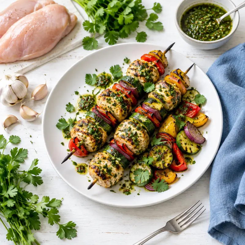 Chimichurri Chicken & Grilled Vegetable Kebabs, plated