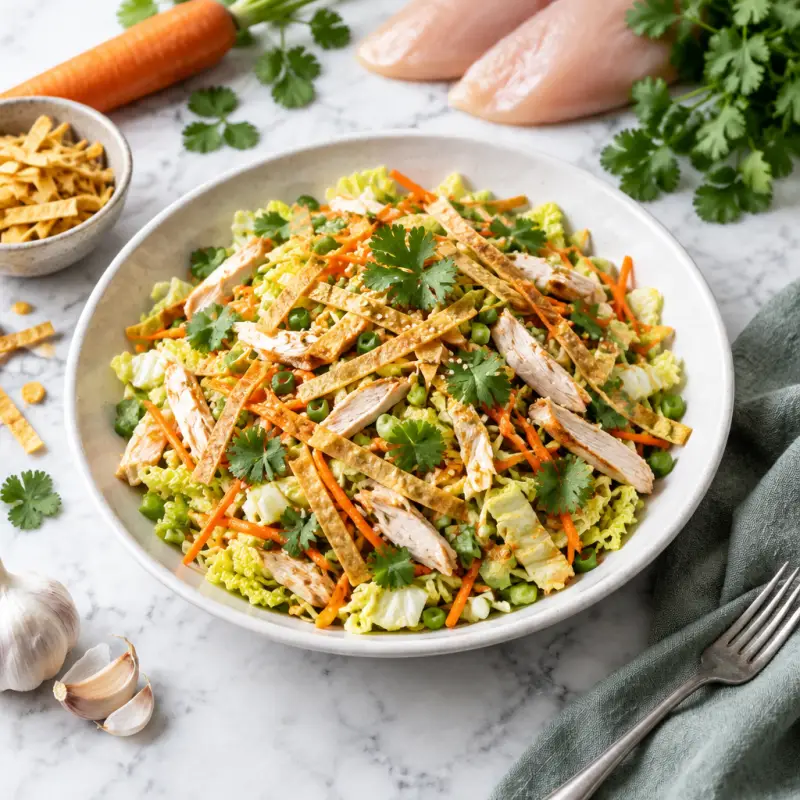 Chinese Chicken Salad with Napa Cabbage, Carrots & Tortilla Strips, plated