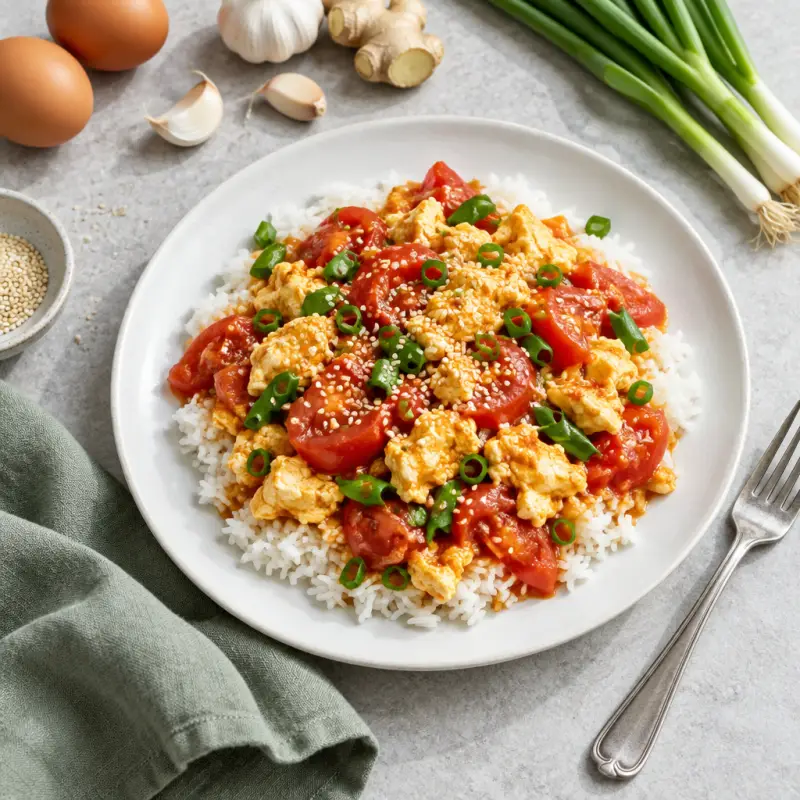 Chinese Egg, Tomato & Green Onion Stir-Fry with Sesame Seeds over Rice, plated