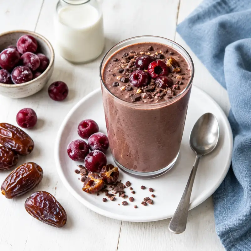Chocolate, Cherry & Date Protein Shake, plated