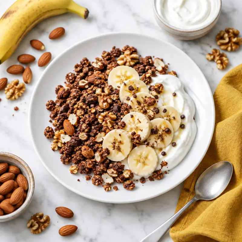 Chocolate Nutty Granola with Banana & Greek Yogurt, plated