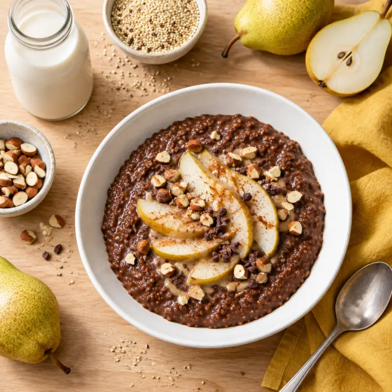 Chocolate Quinoa Porridge with Pear, plated
