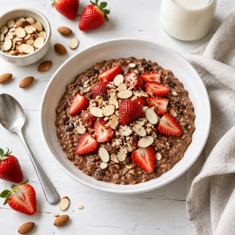 Chocolate-Strawberry Oatmeal with Sliced Almonds, plated