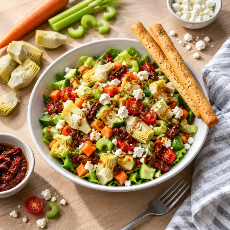 Chopped Veggie Salad with Sun-Dried Tomato Dressing & Breadsticks, plated