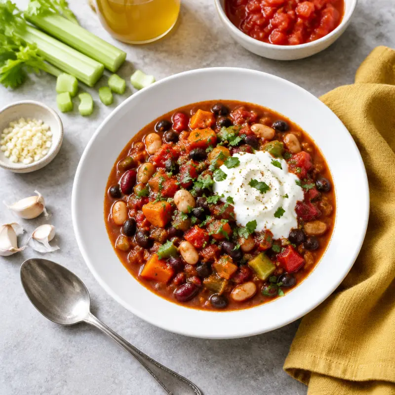 Chunky Vegetable and Bean Chili with Cool Greek Yogurt, plated