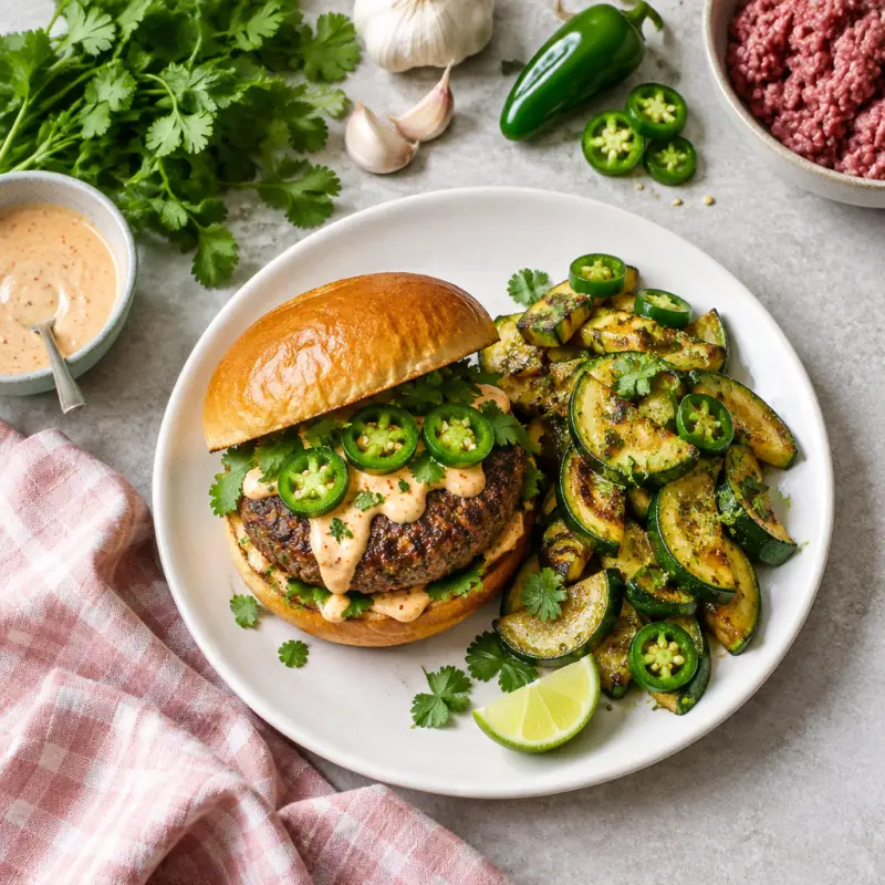 Cilantro Burger with Spicy Mayo & Jalapeño-Lime Zucchini Sauté, plated