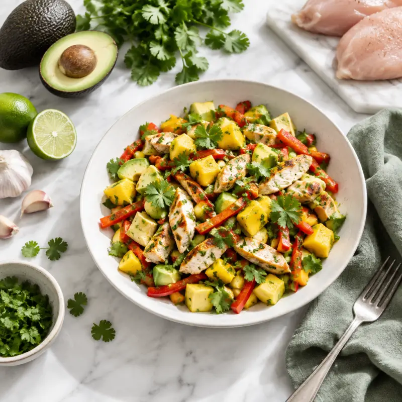 Cilantro Lime Chicken Salad with Mango, Avocado & Bell Pepper, plated
