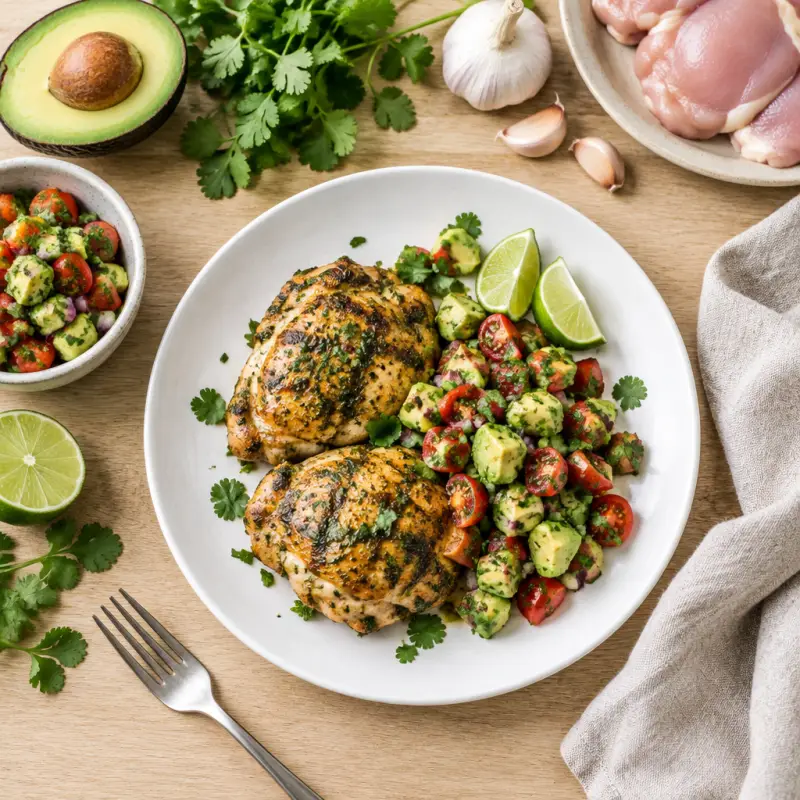 Cilantro-Lime Chicken Thighs with Avocado-Tomato Salsa, plated