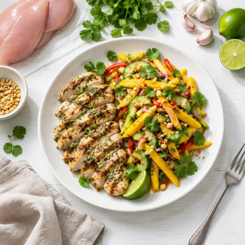 Cilantro-Lime Grilled Chicken with Thai Mango Salad, plated