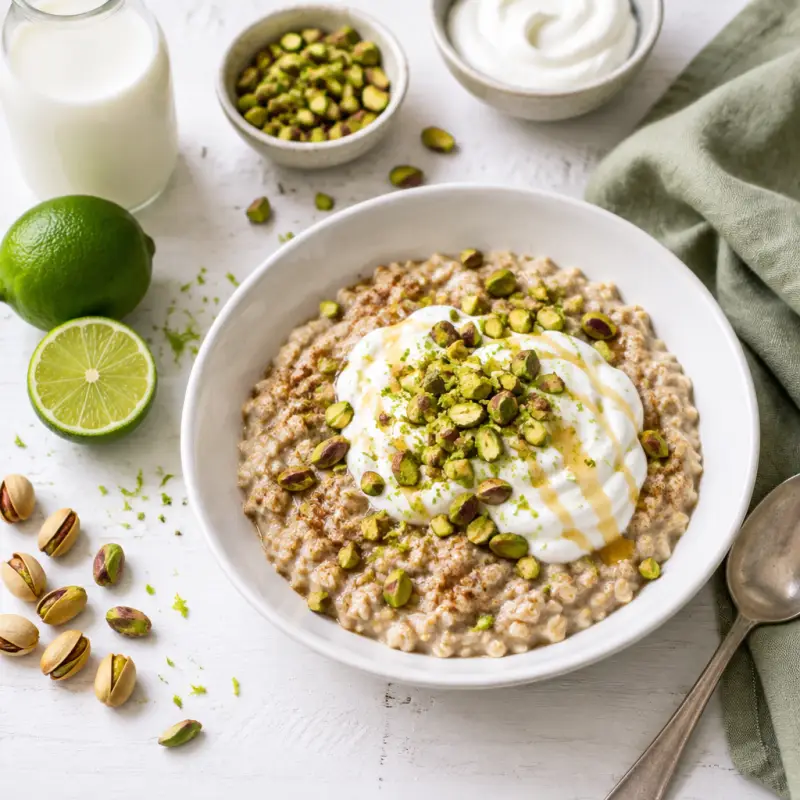 Cinnamon Oatmeal with Pistachios & Maple-Lime Yogurt, plated
