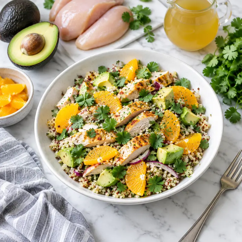 Citrus Chicken Quinoa Salad with Avocado & Orange, plated