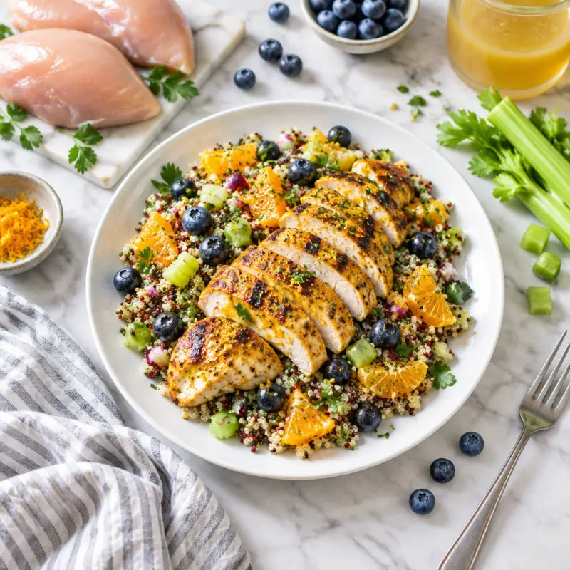 Citrus Marinated Chicken over Quinoa Salad with Berries & Oranges, plated